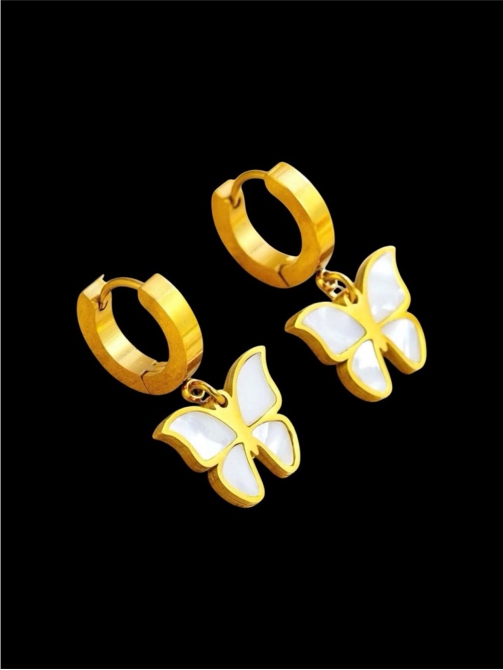 Gold Butterfly Hoop Drop Earrings with Mother of Pearl  Inlay
